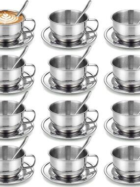 Stainless Steel Espresso Cup & Saucer Set, 12-Pack(1 Pack)